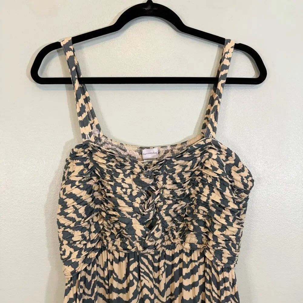 Soft Surroundings Maxi Dress L Tan Zebra Print Boho Smocked Resortwear Vacation - Picture 3 of 10